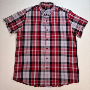 Nudie Jeans Shirt Men's L Red Plaid Button‎ Down 100% Cotton Short Sleeve *FLAW